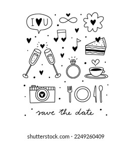 Juego de doodles de bodas. Guarde las ilustraciones de fecha. Gráficos encantadores de matrimonio y compromiso