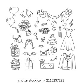 Wedding doodle set. Hand drawn vector elements for invitation, greeting cards, posters.