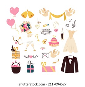 Wedding doodle set. Hand drawn vector elements for invitation, greeting cards, posters.