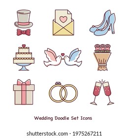 Wedding Doodle Set Icons Line Art Vector Cute Soft Pastel Feminine.