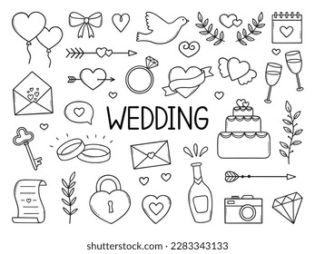 Wedding doodle set.  Marriage symbols: rings, dove, champagne, hearts in sketch style. Hand drawn vector illustration isolated on white background