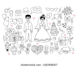 Wedding doodle set. Newlyweds, bride in wedding dress and groom, gifts and wedding rings, gender signs, wedding cake, brides bouquet, heart, rose glasses and champagne. Isolated vector linear drawings