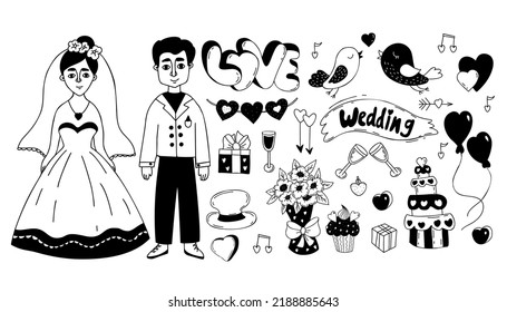 Wedding doodle set. Newlyweds, bride in wedding dress and groom, wedding cake, brides bouquet, heart, birds in love, arrows of love, balloons and gifts. Isolated vector linear hand drawings