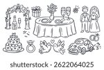 Wedding Doodle Sketch Icon Set Vintage Party Love Vector Romantic Bride Groom Ceremony Celebration Card