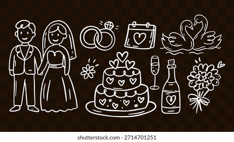 Casamento Doodle Sketch Ícone Set Vintage Party Love Vetor Romântico Noiva e Noivo Evento Elementos