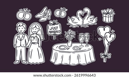 Wedding Doodle Sketch Icon Set Vintage Party Love Vector Dinner Save the Date Celebration Event Happy Sticker