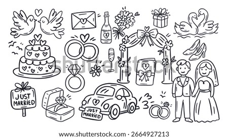 Wedding Doodle Sketch Icon Set Vintage Party Love Vector Invitation Card Romantic Outline Save the Date Event Set