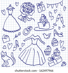 Wedding doodle sketchy vector illustration, love  icon set