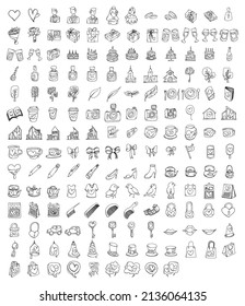 Wedding Doodle vector icon set. Drawing sketch illustration hand drawn line.