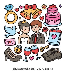 Wedding Doodle Vector Illustration, Isolated Background