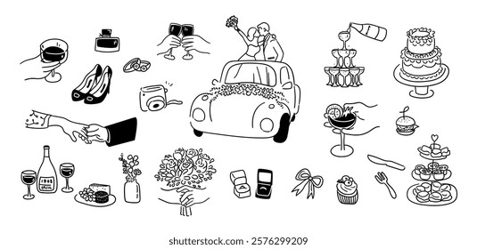 Wedding doodles, bride and groom, camera, bouquet, wine, champagne, ring box, and perfume etc