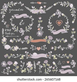 Wedding Doodles floral decor set.Swirling border,wreath,corner,arrow,headline,ribbon,flowers,branches elements set.Hand sketched.Design template,invitation,card for holiday.Nature Vintage Vector