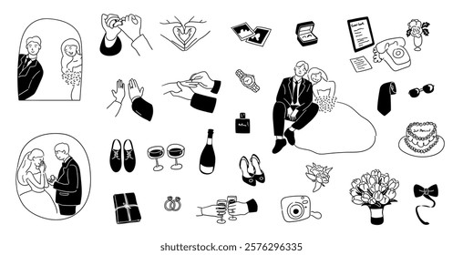 Wedding doodles including wine, the groom's shoes, the groom's watch, the bride's heels, a camera, a bouquet, a ring box, and perfume etc