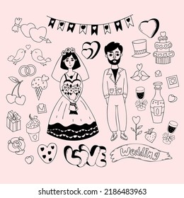 wedding doodles. Newlyweds, bride in wedding dress with veil and stylish groom, gifts and wedding rings, cupids arrow, wedding cake, heart and couple of birds. Isolated vector linear hand drawings
