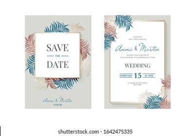 Wedding double Invitation cards. Vector floral design template with tropical palm tree leaves