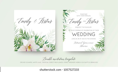 Wedding double invitation, invite card design with elegant white orchid flower, greenery willow eucalyptus branches, tropical forest palm green leaves decoration. Beautiful, trendy vector template set
