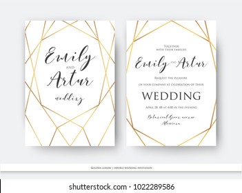 Wedding double invite, invitation save the date card elegant design with luxury vector golden foil geometrical, linear decorative frame, border. Beautiful abstract art concept. Trendy, modern template Wedding double invite, invitation save the date card elegant design with luxury vector golden foil geometrical, linear decorative frame, border. Beautiful abstract art concept. Trendy, modern template
