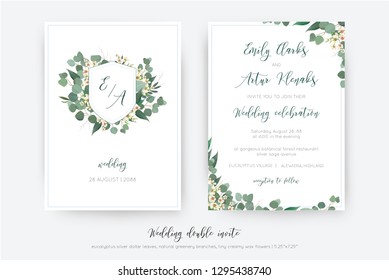 Wedding double invite, invitation, save the date card floral design. Botanical monogram: creamy powder wax flower, Eucalyptus green branches, greenery leaves wreath & delicate dusty blue frame, border