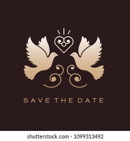 Wedding doves Birds gold icons Wedding couple signs. Vector wedding design element. Dove logo vector for symbolic peace and wedding true love