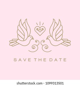 Wedding doves Birds gold icons Wedding couple signs. Vector wedding design element. Dove logo vector for symbolic peace and wedding true love