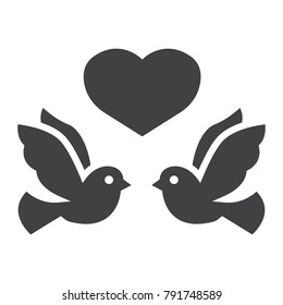 Wedding doves with heart glyph icon, valentines day and romantic, wedding sign vector graphics, a solid pattern on a white background, eps 10.