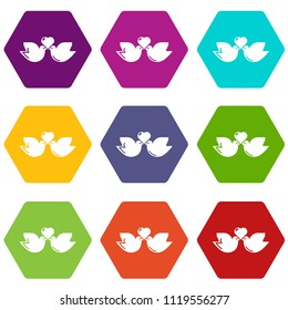 Wedding doves heart icons 9 set coloful isolated on white for web