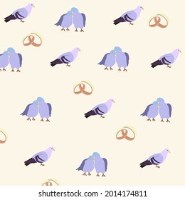 Wedding doves pattern with rings, symbol of love and wedding, Decoration vector item for marriage. isolated colorful hand drawn illustration.Dove. Bird of love. Valentine's Day