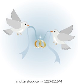 Wedding doves with rings, symbol of love and wedding.