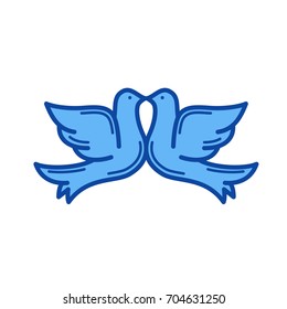 El icono de línea vectorial de palomas de casamiento aislado en fondo blanco. Icono de línea de palomas de bodas para infografía, sitio web o aplicación. Icono azul diseñado en un sistema de cuadrícula.
