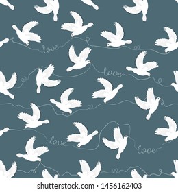 Wedding doves, white, flying, carrying rope with love text on navy blue background.
Vector seamless pattern.
