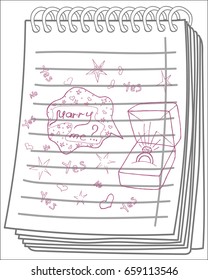 Wedding drawings on notebook background. Sketch wedding.Hand drawn wedding template. Merry me. Love.
