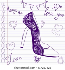 Wedding drawings. Sketch shoes on notebook page.Hand drawn wedding template. Wedding invitation in doodle style.Merry me. Love. Wedding shoe.