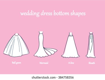 Wedding dress bottom style set. Evening dress bottom vector illustration. Line drawing. Mermaid, A-line, trump, gown.