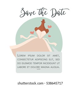 Wedding dress for bride on hanger. Cute romantic illustration. Cartoon design element for invitation to celebration, Save the Date card. Isolated on white background.