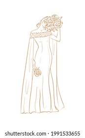 Wedding dress, bride. Trend vector illustration. Linear art. Icon for wedding agencies, photographers, law shops, florists, pastry shops