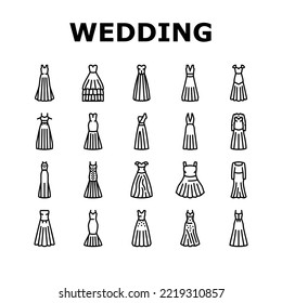wedding dress bride woman icons set vector. beautiful white, beauty female, celebration love, bridal fashion, marriage ceremony wedding dress bride woman black contour illustrations