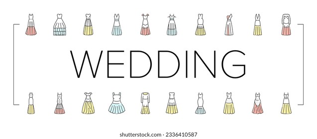 wedding dress bride woman icons set vector. beautiful white, beauty female, celebration love, bridal fashion, marriage ceremony wedding dress bride woman color line illustrations
