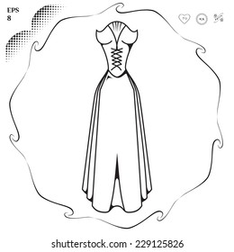 Wedding dress. Clothing for celebration. Dress for Marriage. Graphics style. Outline image. Greeting Card. EPS 8