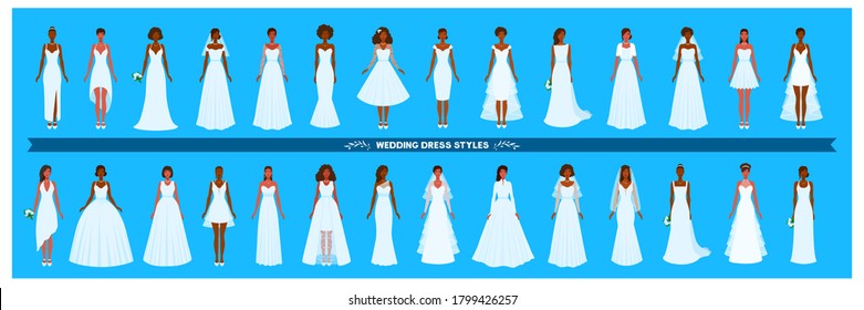 Wedding dress collection. Different styles and shapes. A large set of various dresses. Young adult women. African American brides. A vector cartoon illustration.