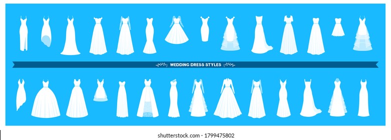 Wedding dress collection. Different styles and shapes of a bridal dress silhouette. A large set of various dresses. A vector cartoon illustration.