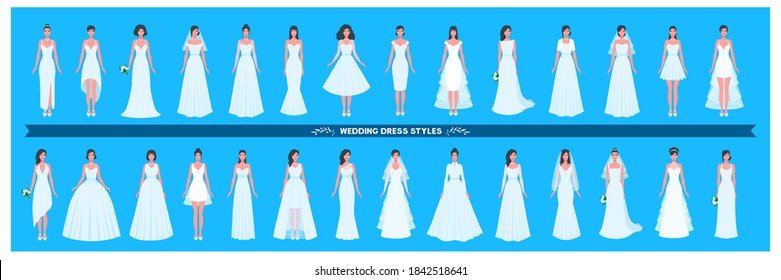 Wedding dress collection. Different styles and shapes. A large set of various dresses. Young adult women brides. A vector cartoon illustration.
