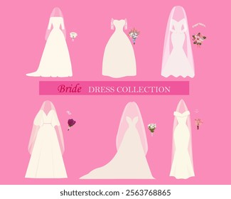 Wedding dress collection. Different styles and shapes. Set of various dresses. Vector illustration isolated on pink background	