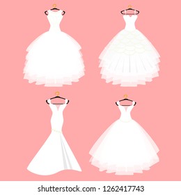 Wedding dress collection. Vector of dress on mannequin. Illustration on pink background.