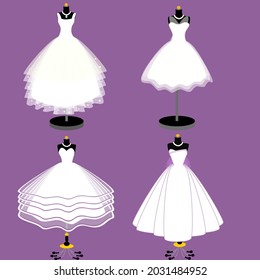 Hochzeitskleiderkollektion. Vektorgrafik von Kleidung auf Mannequin. Illustration auf violettem Hintergrund.
