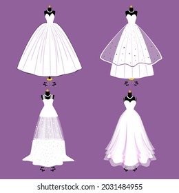 Wedding dress collection. Vector of dress on mannequin. Illustration on purple background.