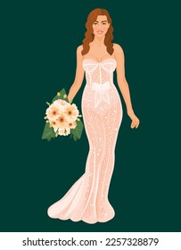 Wedding dress design. Bride in long shear lace dress with elegant bouquets in hand.