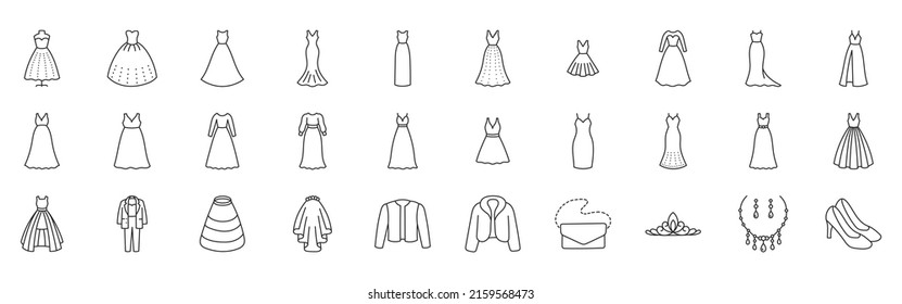 Ilustración de doodle de vestido de novia incluyendo íconos - elegante vestido de noche, traje de novio, atelier de matrimonio, más abrigo de piel de tamaño, chaqueta, crinoline. Arte de líneas delgadas sobre ropa de novia. Stroke Editable