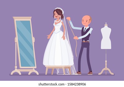 Wedding dress fitting and alterations with a tailor. Happy bride selecting a white dream gown at mirror, male seamstress pinning session for taking measurements. Vector flat style cartoon illustration