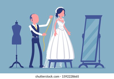 Wedding Dress Fitting, Alterations With A Tailor. Happy Bride Selecting A White Dream Gown At Mirror, Male Seamstress Pinning Session For Taking Measurements. Vector Illustration, Faceless Characters