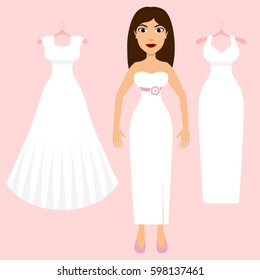 Wedding dress fitting. Bride and different wedding gowns on hangers. Set of hanging wedding dresses.Flat style vector illustration of full body detailed character